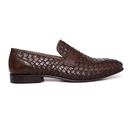 Men Handmade Brown Woven Chitai Mat Leather Moccasin Shoes, Brown Slip Ons