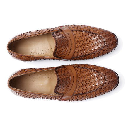 Men Handmade Tan Woven Chitai Mat Leather Moccasin Shoes, Tan Slip on Shoes