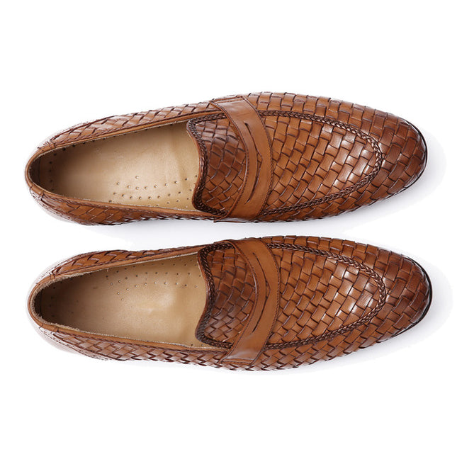 Men Handmade Tan Woven Chitai Mat Leather Moccasin Shoes, Tan Slip on Shoes