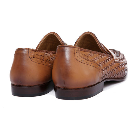 Men Handmade Tan Woven Chitai Mat Leather Moccasin Shoes, Tan Slip on Shoes