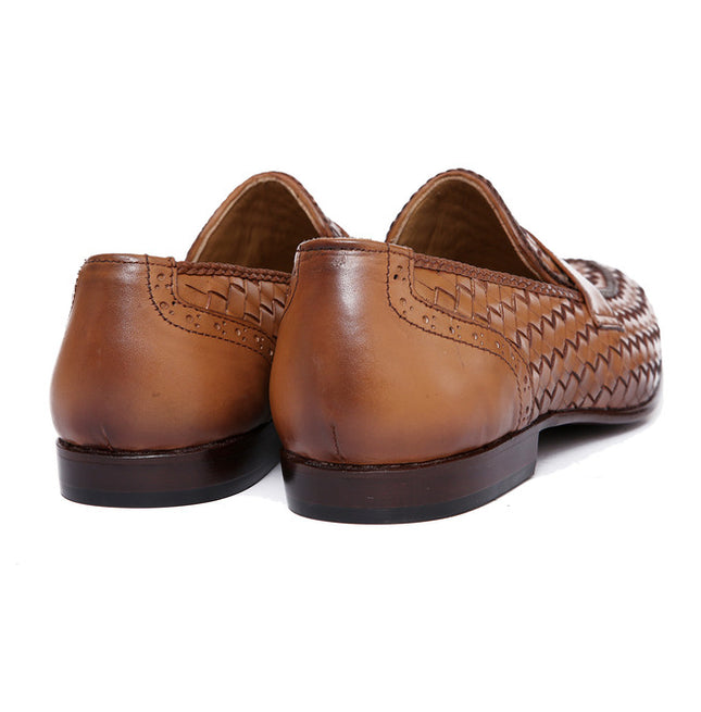 Men Handmade Tan Woven Chitai Mat Leather Moccasin Shoes, Tan Slip on Shoes