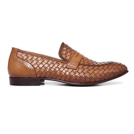 Men Handmade Tan Woven Chitai Mat Leather Moccasin Shoes, Tan Slip on Shoes