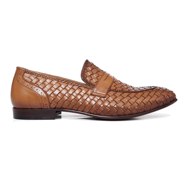 Men Handmade Tan Woven Chitai Mat Leather Moccasin Shoes, Tan Slip on Shoes