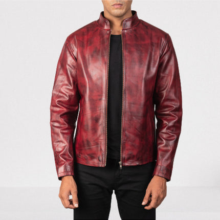 Men Shaded Burgundy Leather Fashion Jacket, Men Leather Outerwear