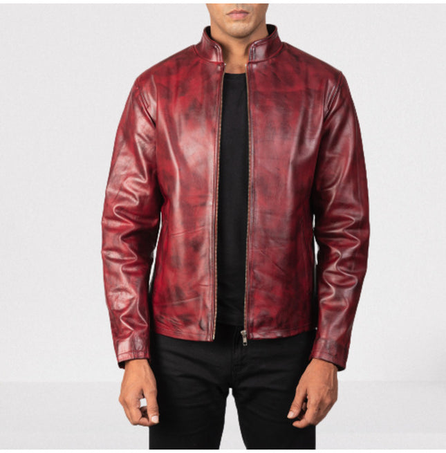 Men Shaded Burgundy Leather Fashion Jacket, Men Leather Outerwear