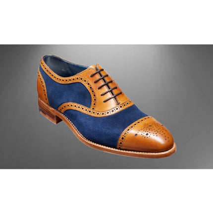 Men Handmade Tan Leather and Blue Suede Brogue Shoes, Two Tone Oxford Shoes