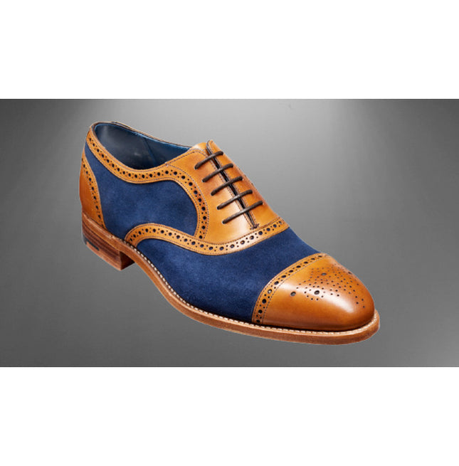Men Handmade Tan Leather and Blue Suede Brogue Shoes, Two Tone Oxford Shoes