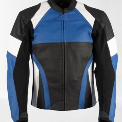 Handmade Men’s Racing/Biker/Blue and Black Leather Motorcycle Jacket