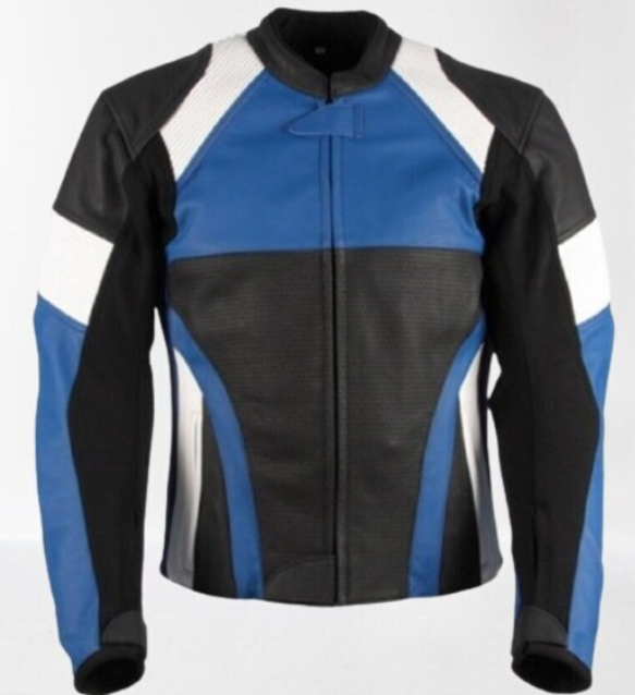 Handmade Men’s Racing/Biker/Blue and Black Leather Motorcycle Jacket