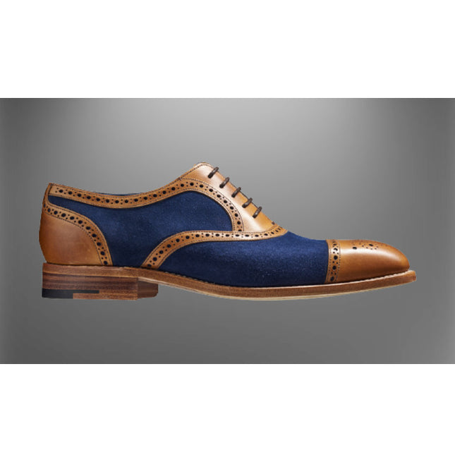 Men Handmade Tan Leather and Blue Suede Brogue Shoes, Two Tone Oxford Shoes
