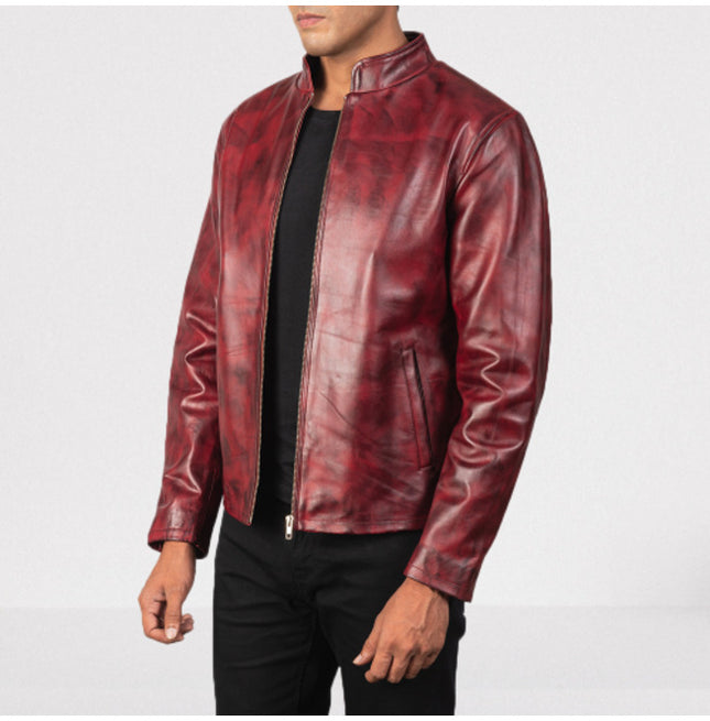 Men Shaded Burgundy Leather Fashion Jacket, Men Leather Outerwear