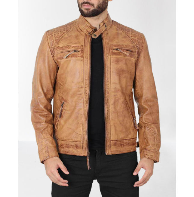 Men Tan Leather Fashion Jacket, Biker/ Racer Jackets, Leather Apparel