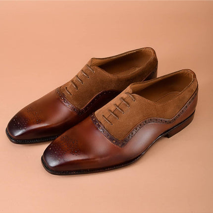 Handmade Men Brown Leather and Suede Brogue Shoes, Formal Dress Shoes