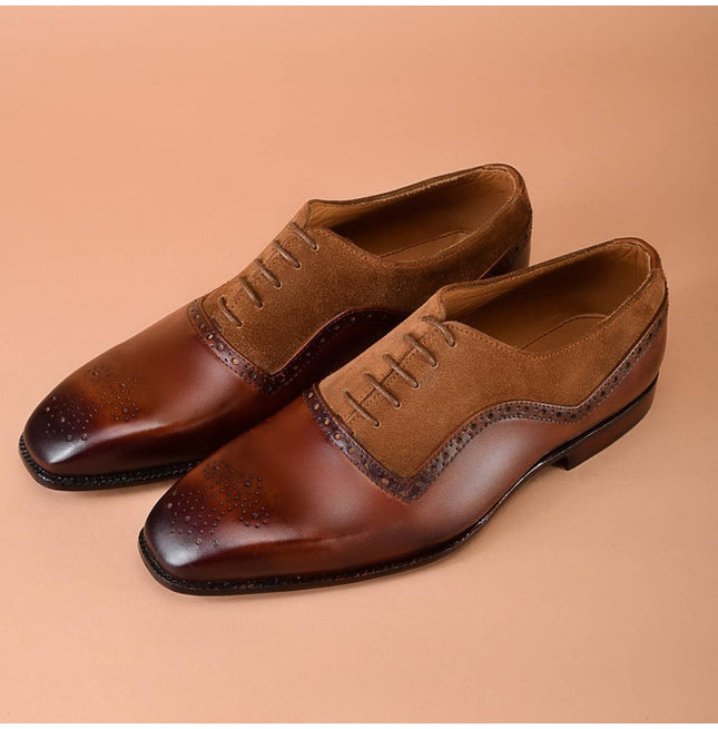 Handmade Men Brown Leather and Suede Brogue Shoes, Formal Dress Shoes