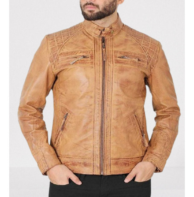 Men Tan Leather Fashion Jacket, Biker/ Racer Jackets, Leather Apparel