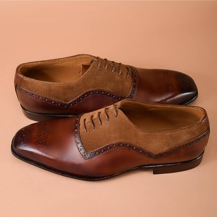 Handmade Men Brown Leather and Suede Brogue Shoes, Formal Dress Shoes