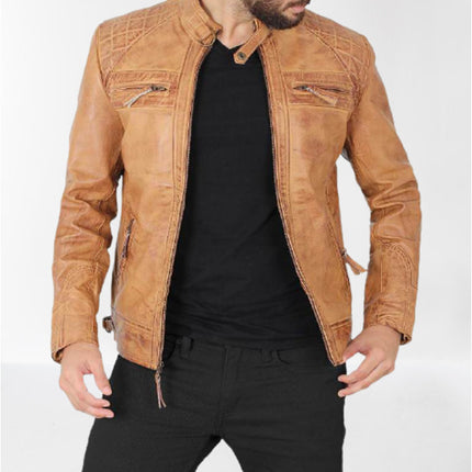 Men Tan Leather Fashion Jacket, Biker/ Racer Jackets, Leather Apparel