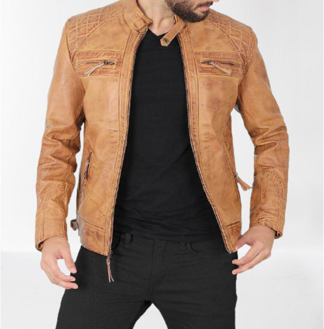 Men Tan Leather Fashion Jacket, Biker/ Racer Jackets, Leather Apparel