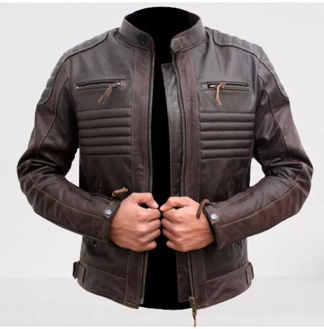 Brown Leather Biker/ Racers Jacket for Men, Leather Apparel, Fashion Jacket