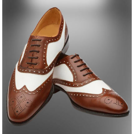Men Handmade Brown and White Leather Brogue Dress Shoes, Men Oxford Shoes