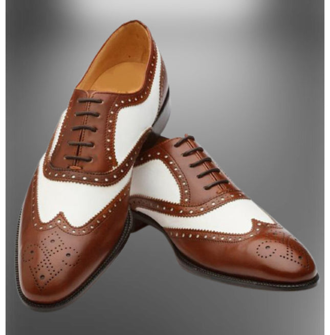 Men Handmade Brown and White Leather Brogue Dress Shoes, Men Oxford Shoes