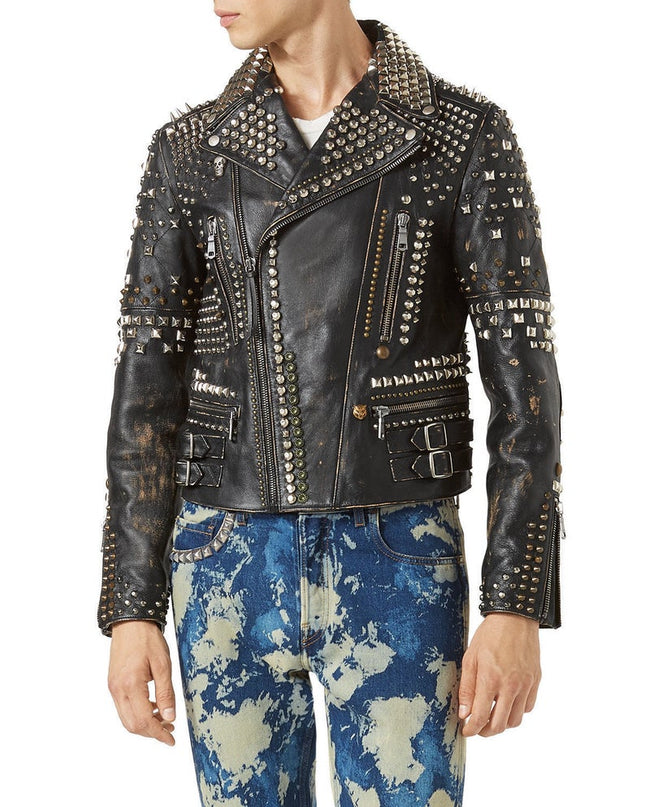 Men’s Biker Studded Stylish Magnificent Leather Jacket All Sizes Available Antique Brown Distressed Multi color studs belted strap zipper
