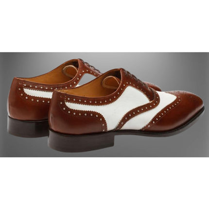 Men Handmade Brown and White Leather Brogue Dress Shoes, Men Oxford Shoes