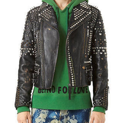 Men’s Biker Studded Stylish Magnificent Leather Jacket All Sizes Available Antique Brown Distressed Multi color studs belted strap zipper