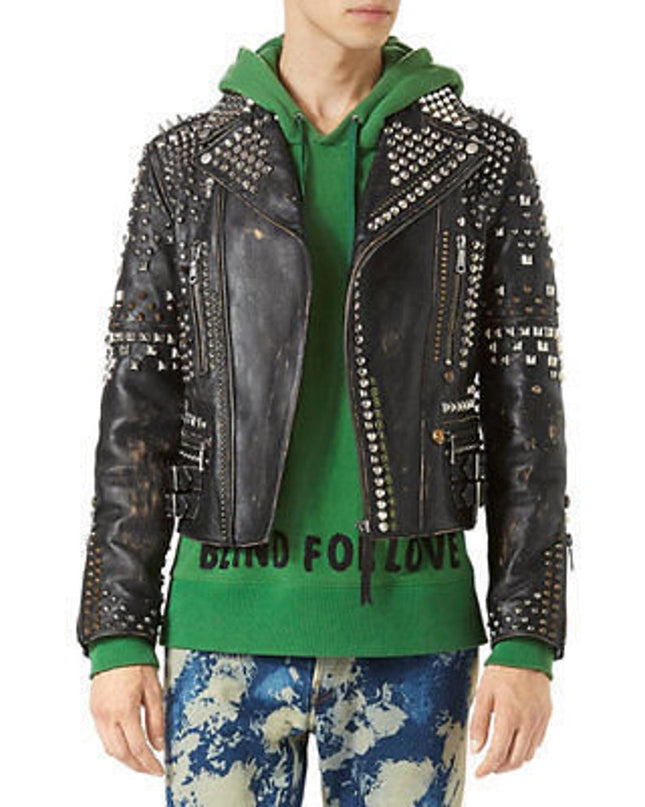 Men’s Biker Studded Stylish Magnificent Leather Jacket All Sizes Available Antique Brown Distressed Multi color studs belted strap zipper