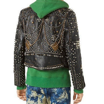 Men’s Biker Studded Stylish Magnificent Leather Jacket All Sizes Available Antique Brown Distressed Multi color studs belted strap zipper
