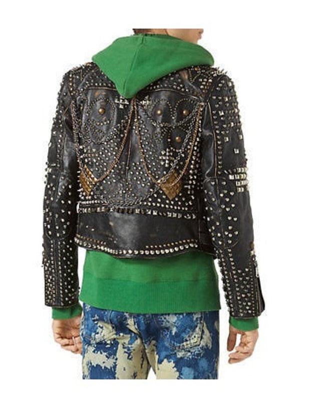 Men’s Biker Studded Stylish Magnificent Leather Jacket All Sizes Available Antique Brown Distressed Multi color studs belted strap zipper