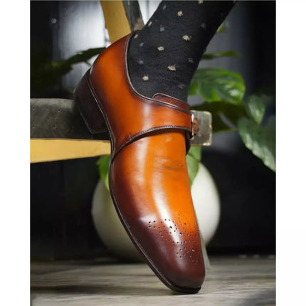 Classic Men Tan Brown Dress Shoes, Men Brown Leather Monk Oxfords Shoes