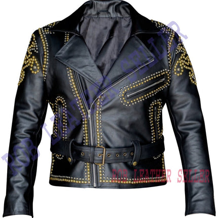Men Black Brando Belted Leather Jacket Golden Studded Leather Brando Jacket Men Leather Jacket Gents Biker Jacket