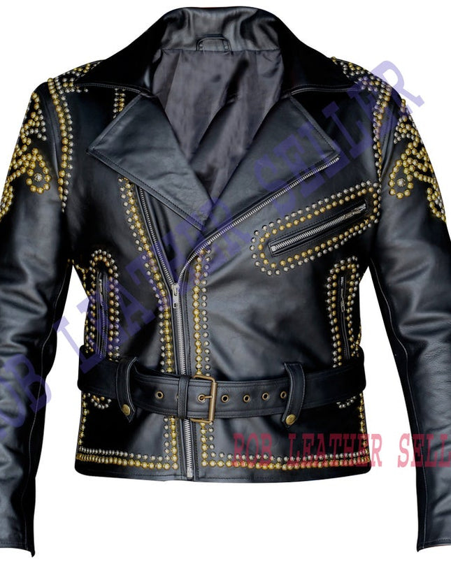 Men Black Brando Belted Leather Jacket Golden Studded Leather Brando Jacket Men Leather Jacket Gents Biker Jacket