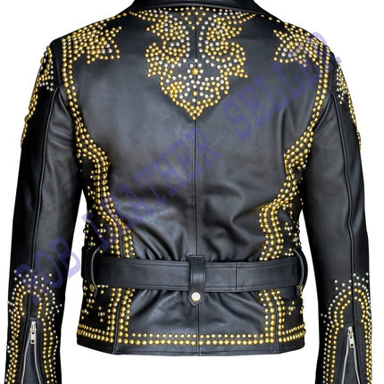Men Black Brando Belted Leather Jacket Golden Studded Leather Brando Jacket Men Leather Jacket Gents Biker Jacket