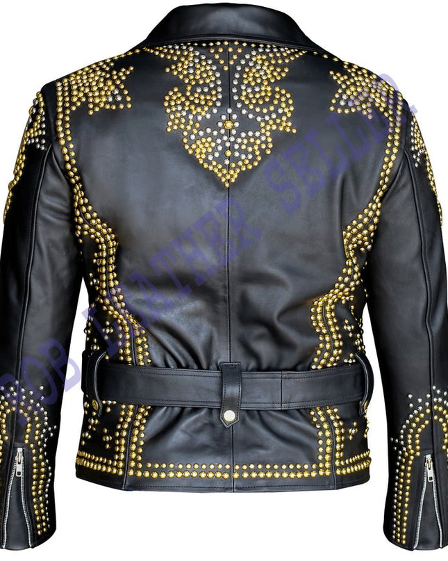 Men Black Brando Belted Leather Jacket Golden Studded Leather Brando Jacket Men Leather Jacket Gents Biker Jacket