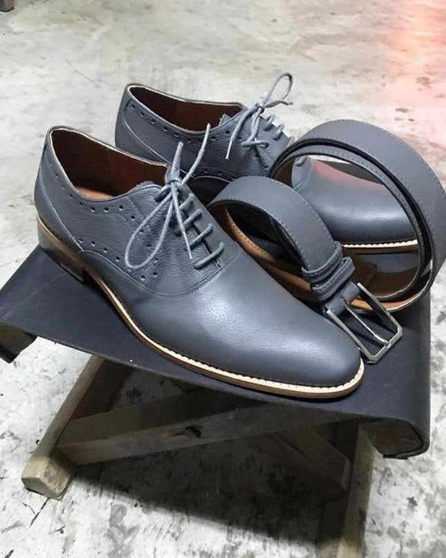 New Pure Handmade Gray Leather Lace Up Oxford Shoes For Men’s