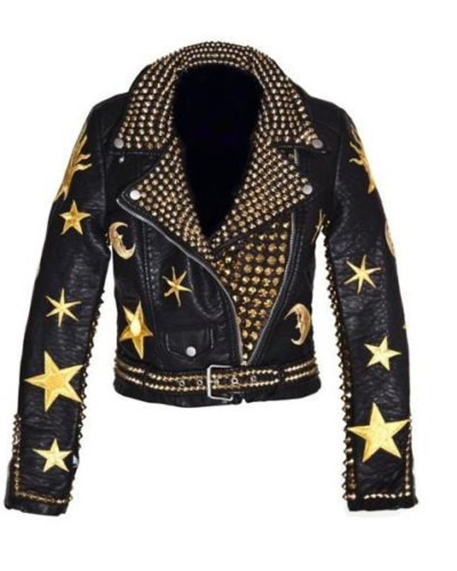 HANDMADE Men Steampunk Jacket Golden Studs and Stars Embroidery Patches, Wild Tiger Patch Punk Hippie Style