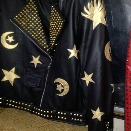 HANDMADE Men Steampunk Jacket Golden Studs and Stars Embroidery Patches, Wild Tiger Patch Punk Hippie Style
