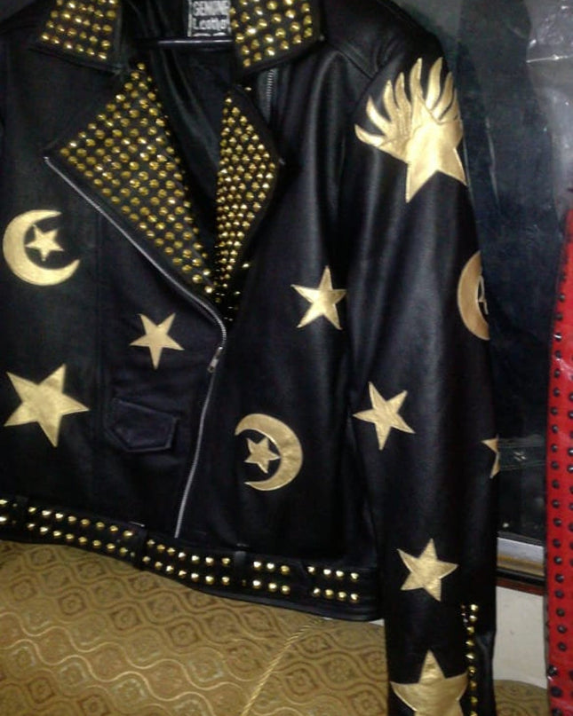 HANDMADE Men Steampunk Jacket Golden Studs and Stars Embroidery Patches, Wild Tiger Patch Punk Hippie Style