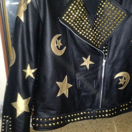 HANDMADE Men Steampunk Jacket Golden Studs and Stars Embroidery Patches, Wild Tiger Patch Punk Hippie Style