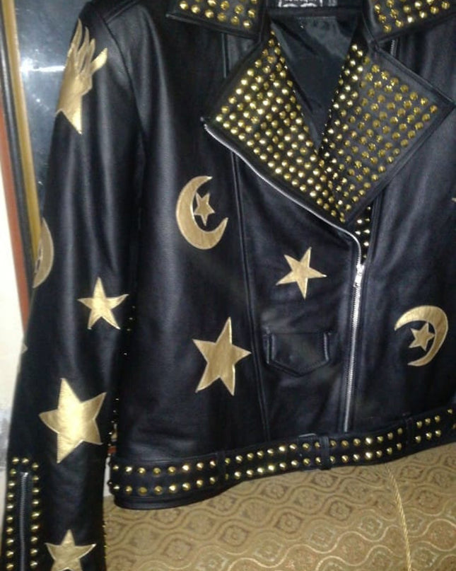 HANDMADE Men Steampunk Jacket Golden Studs and Stars Embroidery Patches, Wild Tiger Patch Punk Hippie Style