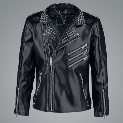 Handmade Mens Punk Style Black Sliver Studded Brando Biker Leather Jacket