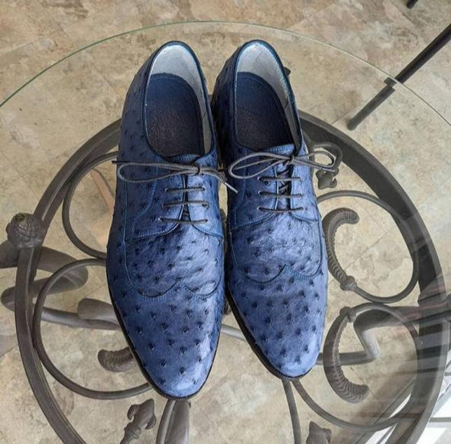 New Handmade Pure Blue Ostrich Leather Stylish Shoes for Men’s