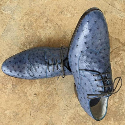 New Handmade Pure Blue Ostrich Leather Stylish Shoes for Men’s