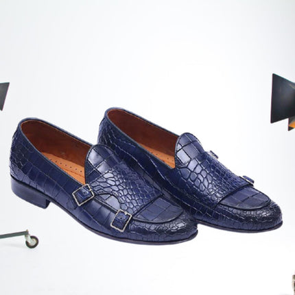 Handmade Mens Blue Crocodile Monk Shoes, Men Blue Loafer Shoes