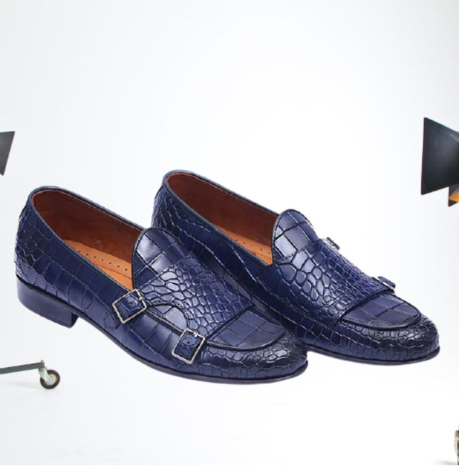 Handmade Mens Blue Crocodile Monk Shoes, Men Blue Loafer Shoes