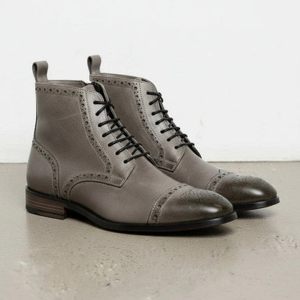 Handmade Men Gray Leather High Ankle Brogue Boots, Lace up Office Boots