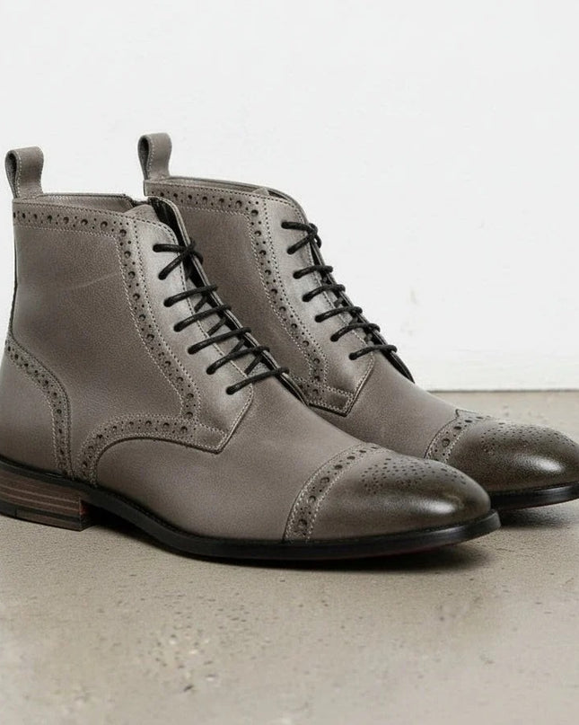 Handmade Men Gray Leather High Ankle Brogue Boots, Lace up Office Boots