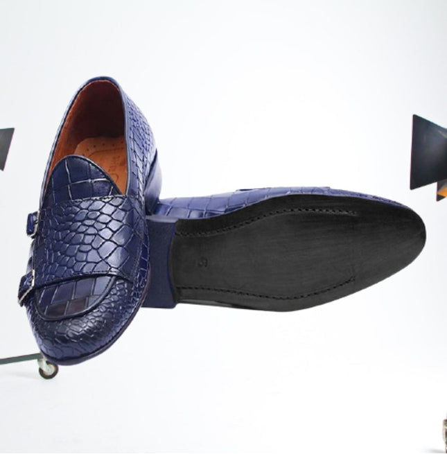Handmade Mens Blue Crocodile Monk Shoes, Men Blue Loafer Shoes